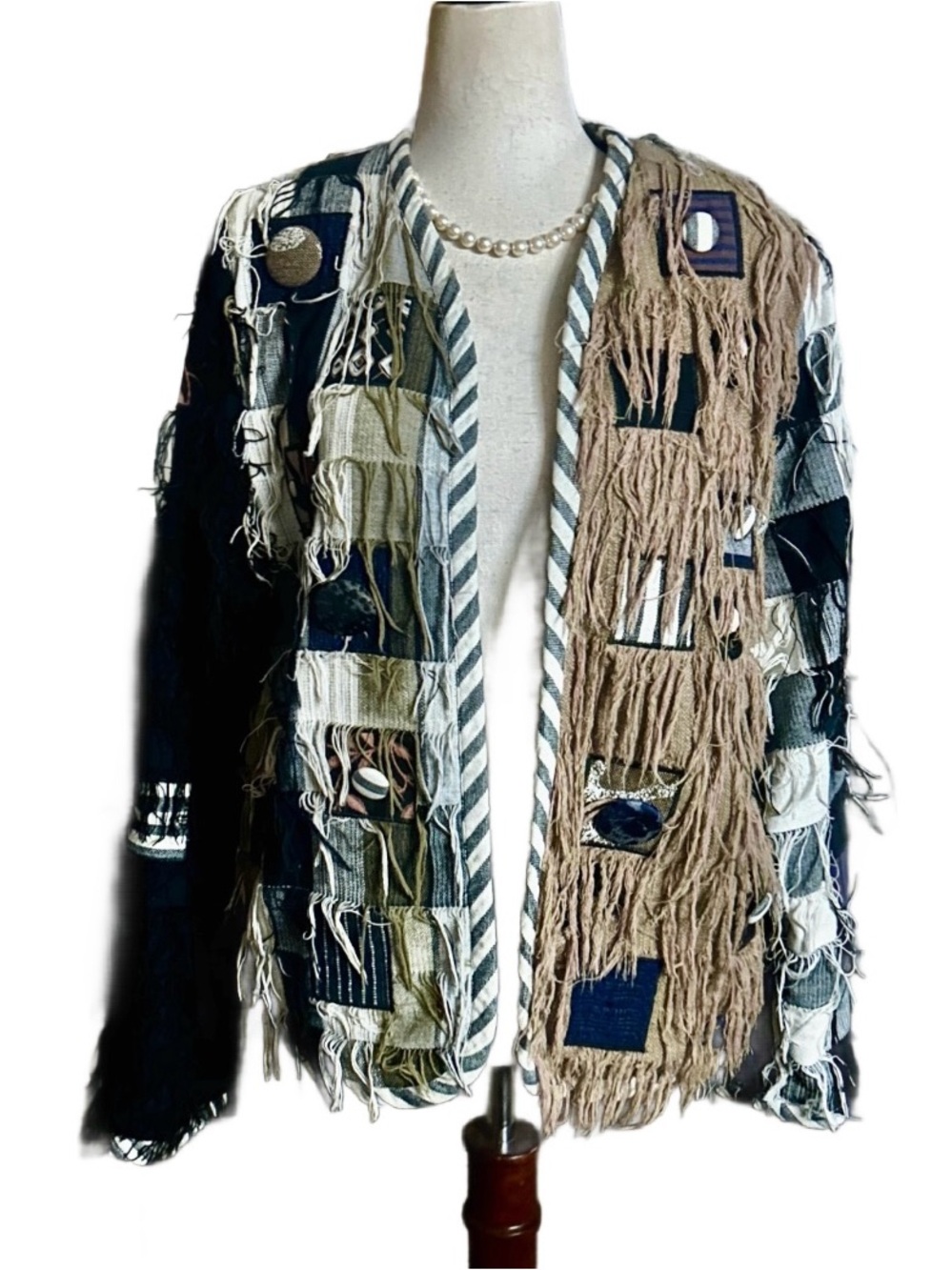 Crystal ~ Vintage ~ Small Black/Brown/Beige  Color Block Handwoven/Fringe Jacket
